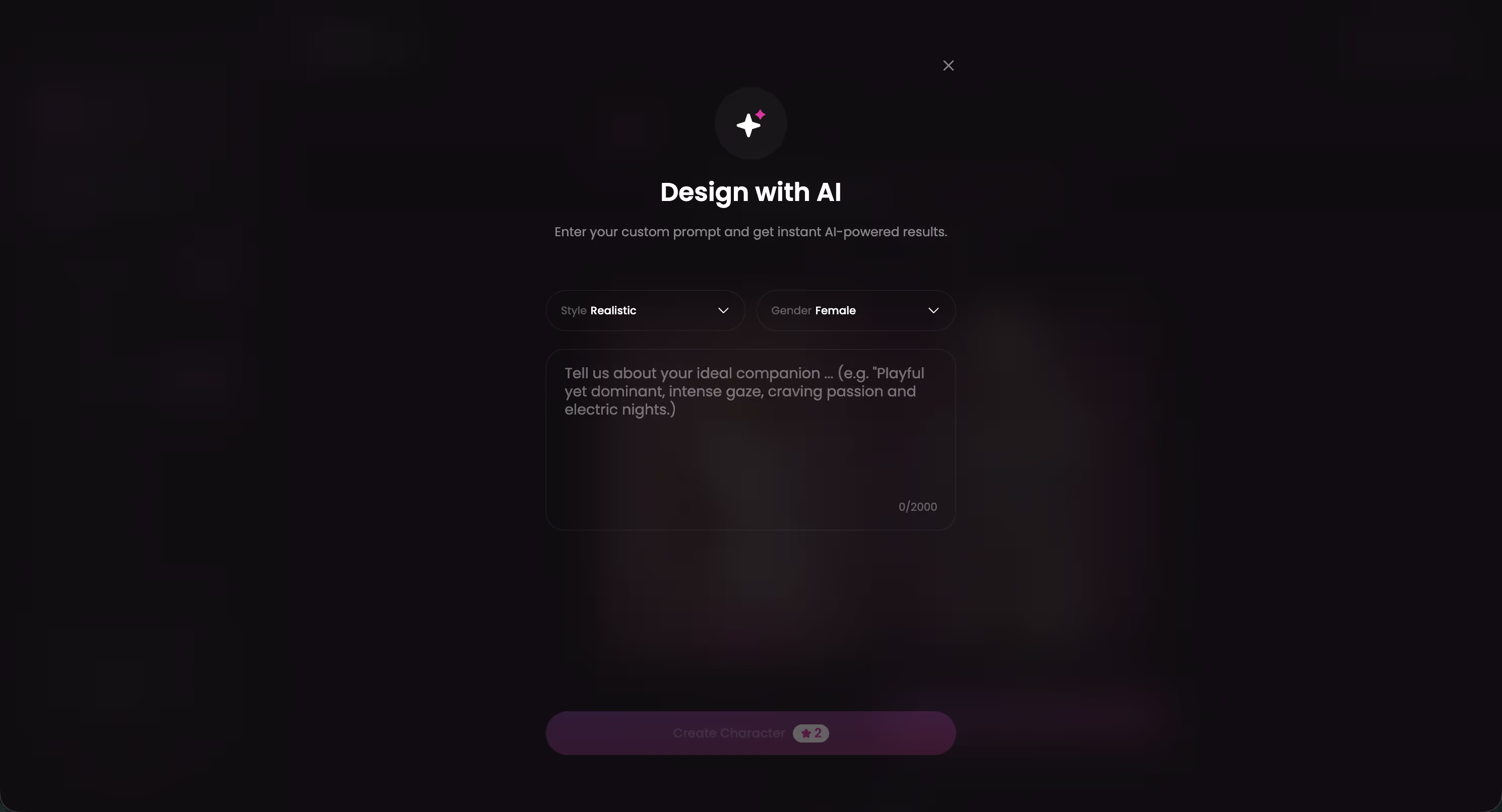 GoLove.ai Design with AI page — create a custom character with body type, ethnicity, and personality options