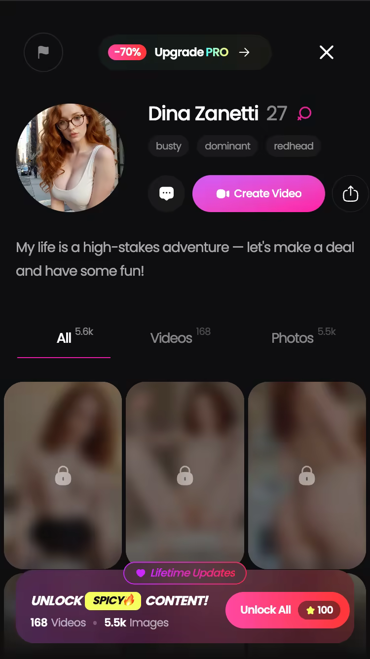 GoLove character profile page showing per-character photo and video content library with unlock options and gallery view