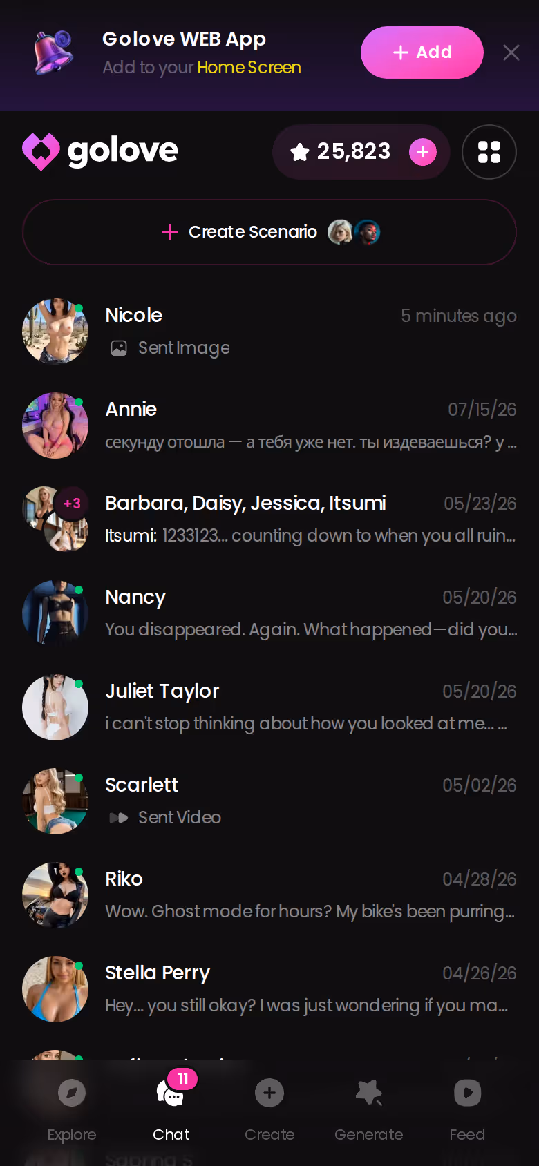 GoLove Chats inbox on mobile — multiple ongoing conversations with previews