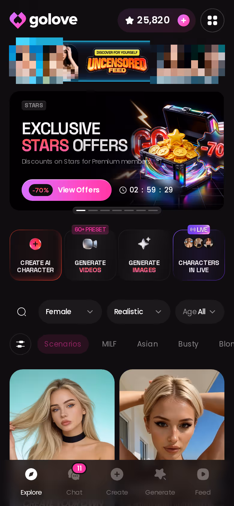 GoLove Explore on mobile — browse the realistic roster and open a chat in one tap