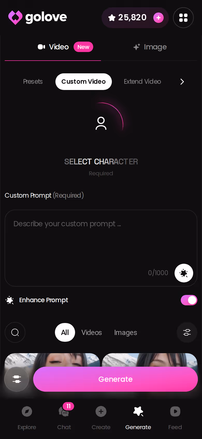 GoLove.ai Custom Video generator on mobile with prompt field and quality options