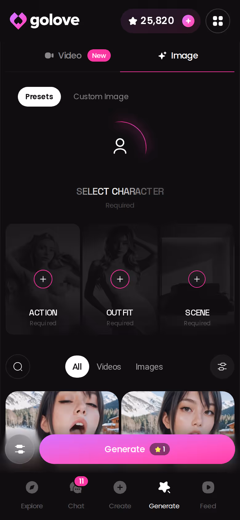 GoLove.ai image generator on mobile with preset action, outfit and background cards
