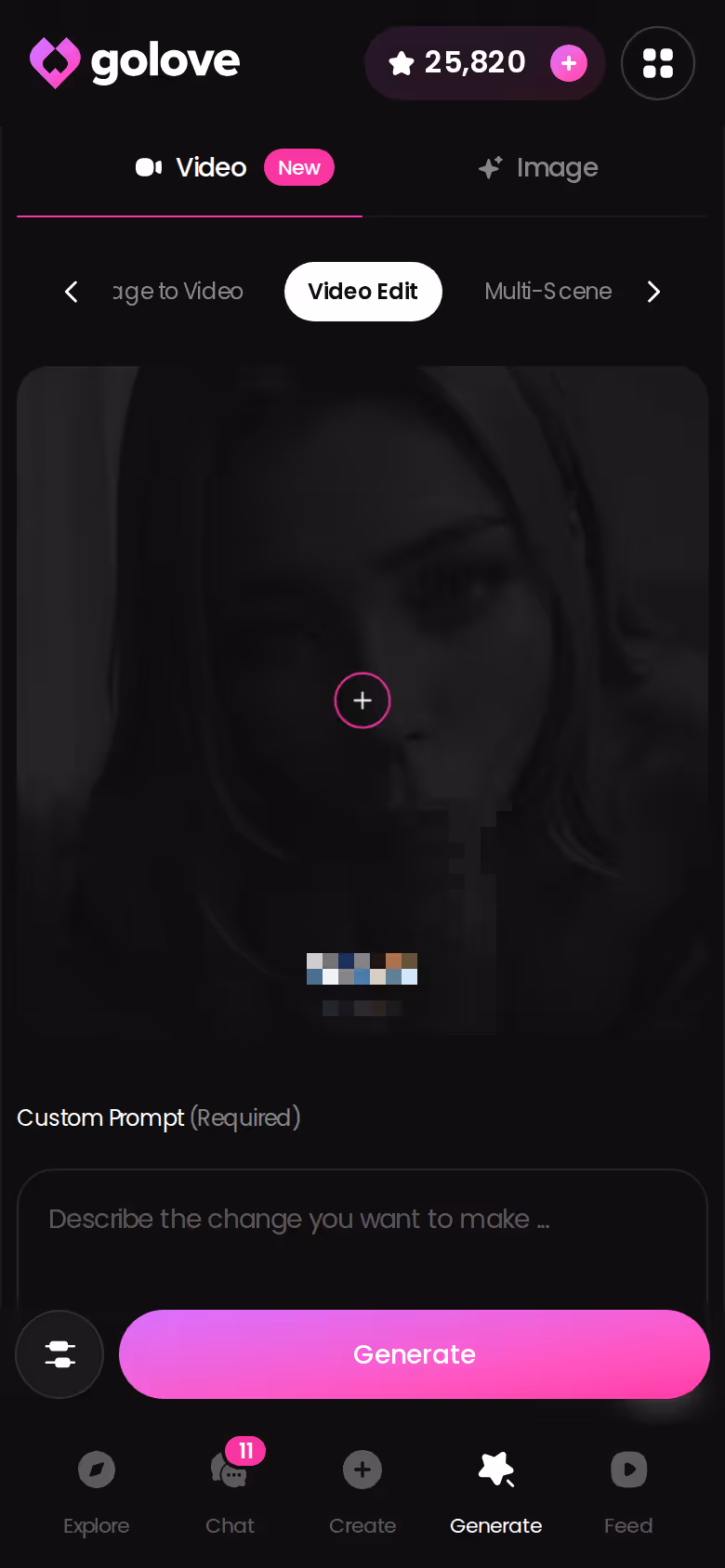 GoLove.ai Video Edit mode on mobile for reworking a clip you already generated