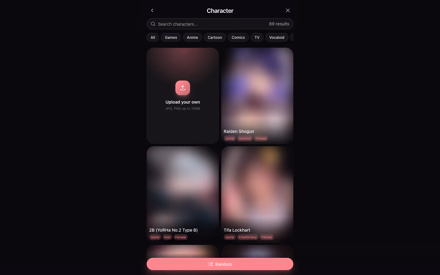 Gensomnia character library modal showing 89 preset characters across Games, Anime, Cartoon, Comics, TV, and Vocaloid tabs