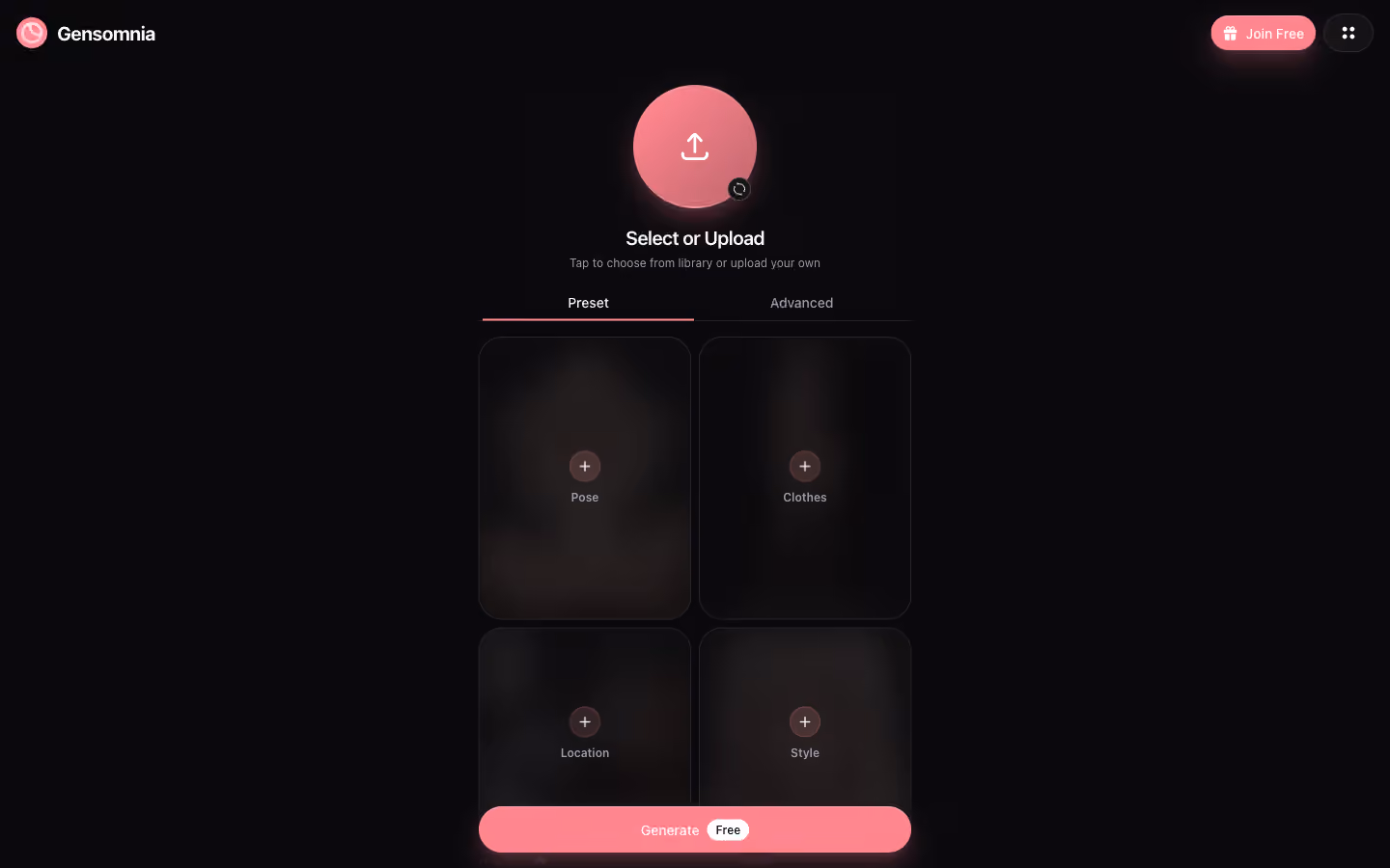 Gensomnia Generate page showing the upload area, Preset and Advanced tabs, and Pose / Clothes / Location / Style preset cards