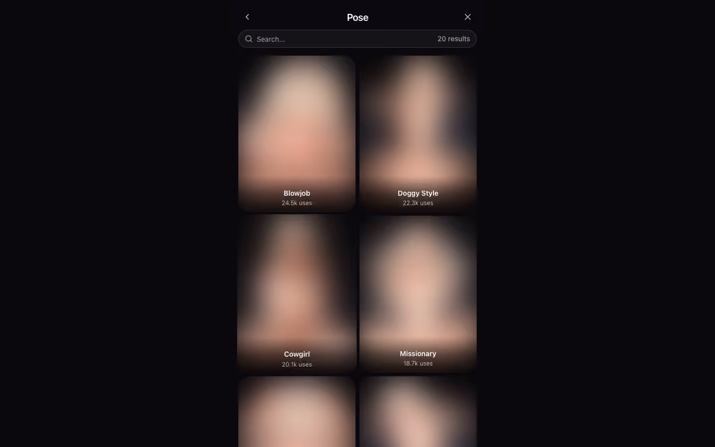Gensomnia pose selector modal showing 20 pose presets with community usage counters